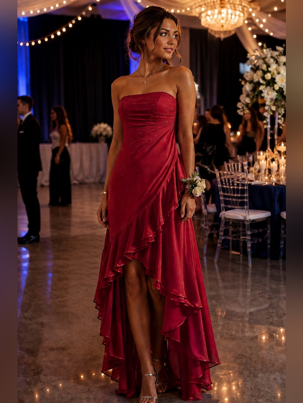 Red Strapless High-Low Prom Dress  by Rampage | Chiffon Ruffle Y2K Formal